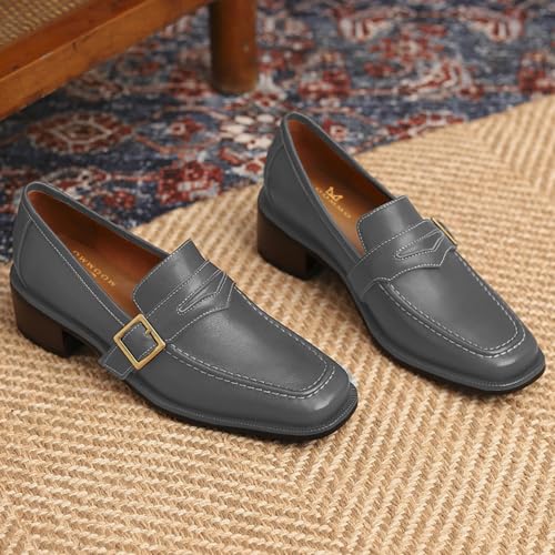 Image of MOOMMO Women Chunky Heel Penny Loafers Square Toe Buckle Slip On Comfort | Office Ladies Loafer Pumps 2 inch Stacked Block Heel Dress Loafers Oxfords Walking Dress Shoes Casual Size 4-11 M US