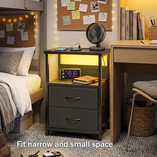 Image of Fixwal Night Stand with Charging Station (2 AC Outlets & 2 U-S-B Ports) LED Nightstand Small Dorm Room Furniture, 2 Fabric Storage Drawers, Bedside Table End Tables Bedroom, Modern Black