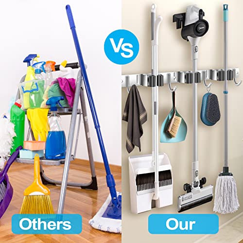 Tskcos Mop And Broom Holder Wall Mount Heavy Duty, Sturdy Stainless Steel Broom Garden Garage Tool Organizer, Mop Broom Hooks Hanger Storage Rack For Home Organizing (3 Racks 4 Hooks) #TOP5