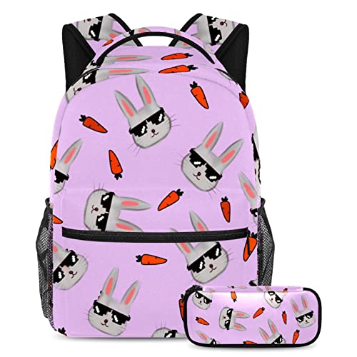Sac à dos lapin cool multicolore avec trousse de rangement, cartable adolescents et enfants