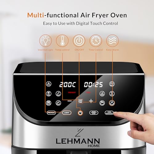 Lehmann Heteluchtfriteuse, 6 liter, met 10 kookprogramma's, friteuse hete lucht 1500 W en temperatuurregeling 76-200 °C, Air Fryer met timer en digitaal led-touchscreen, olievrij braden - Afbeelding 4