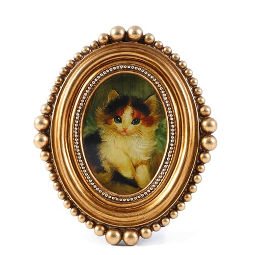 SIKOO Small Vintage Picture Frame 2.5x3.5 Antique Ornate Bronze Gold Oval Photo Frame with Bead for Tabletop and Wall Mount Display Vintage Wall Decor Art Gallery