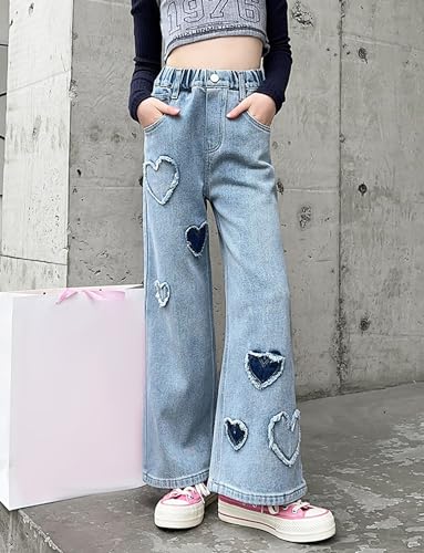 SEAUR Girl Denim Jeans Wide Leg Pants Elastic Waisted Loose Casual Pants Kid Classic Blue Jeans Children Trousers for 5-15 Y2
