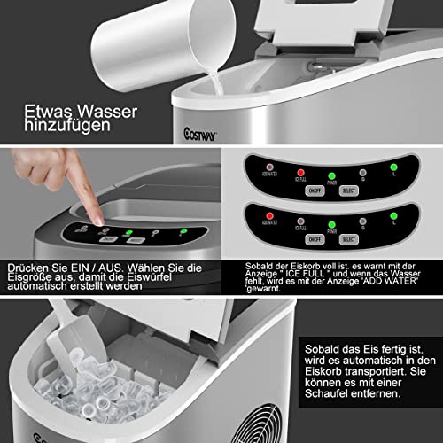COSTWAY IJsblokjesmachine, ijsmachine, ijsblokjesmaker incl. ijsblokjesschep, 9 ijsblokjes in 6-13 min, 2 ijsblokjesgroottes, 12 kg in 24 uur, 2,2 l waterreservoir, 25 x 36 x 33 cm (zilver) - Afbeelding 5