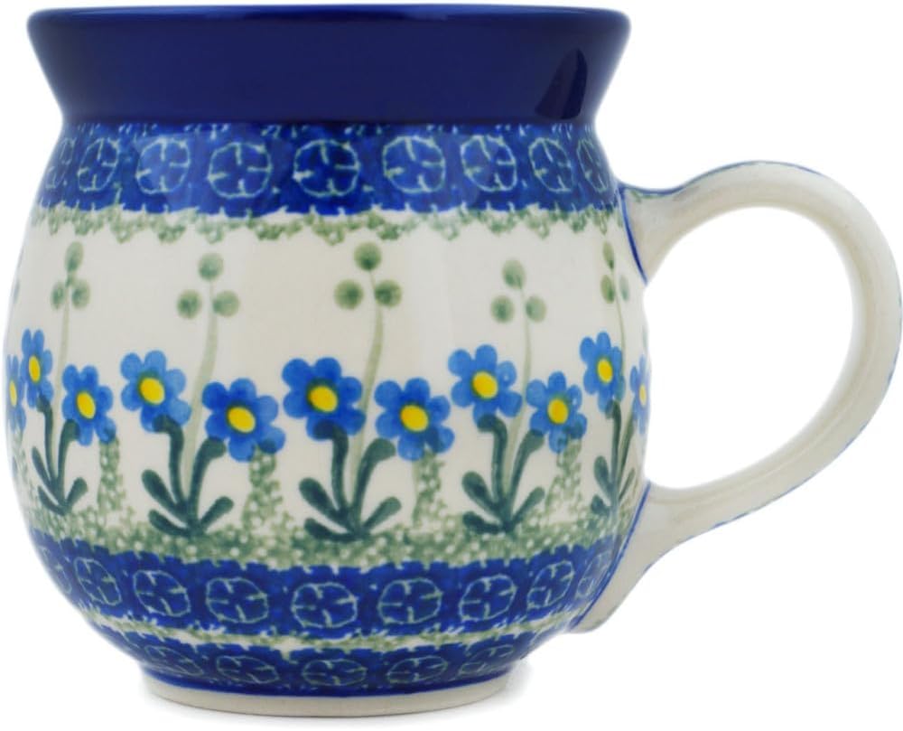 Polmedia Polish Pottery Bubble Mug 16 oz - Blue Daisy Circle Pattern Handmade in Boleslawiec Poland by Ceramika Artystyczna + Certificate of Authenticity