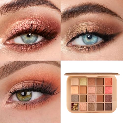 Paleta de sombra de ojos marrón cálido, 20 colores, suave mezclable, marrón nude, rosa, sombra de ojos de maquillaje mate brillante, impermeable, oro neutro, champán, paleta de sombras de ojos para un - imagen 3