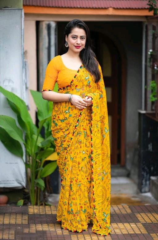 Image of Yashika Women's Printed Georgette Printed Saree With Lace Border and Blouse Material