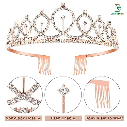 Image of Curated Cart Crystal Crown for Women and Girls - Elegant Rose Gold Glitter Birthday Girl Sash Set with Sparkling Tiara, Perfect for Birthday Parties, Bridal Showers, and Special Occasions