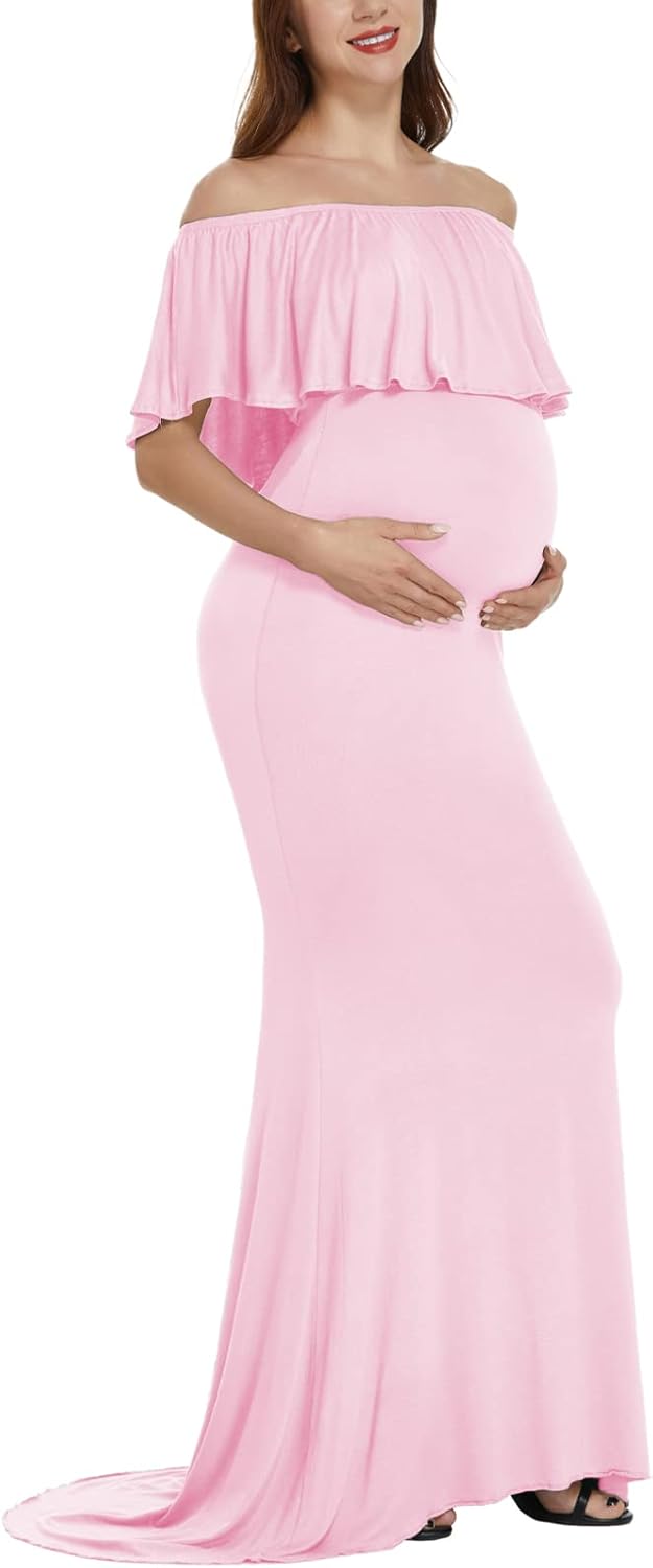 Love2Mi Womens Off Shoulder Maternity Dress for Photoshoot Mama Ruffles Photography Dress Slim Fitted Gown for Baby Shower - Image 6