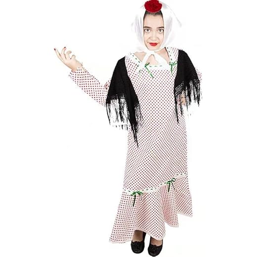 Gojoy Shop - Disfraz de Chulapa Madrileña para Niñas, Contiene: Vestido, Mantón, Pañuelo, Clavel y Mochila de Cuerdas. (2 colores y 8 tallas diferentes.) (ROSA, 5-6 AÑOS)