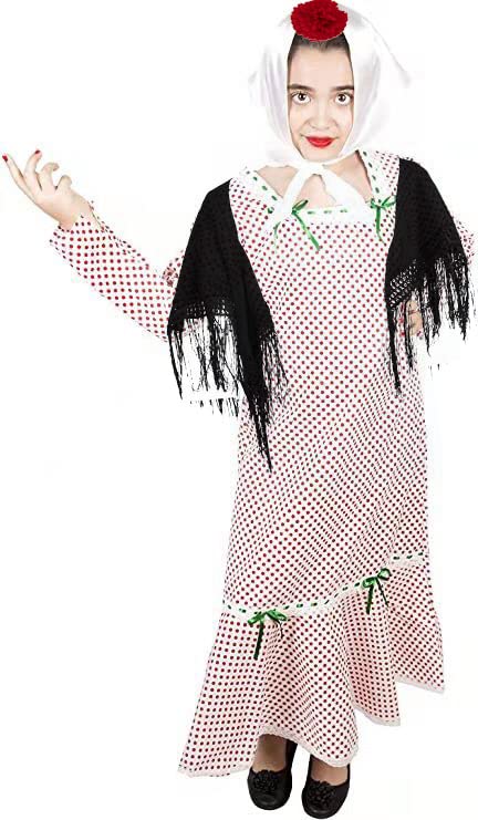 Gojoy shop   Disfraz de Chulapa Madrileña para Niñas, Contiene: Vestido, Mantón, Pañuelo, Clavel y Mochila de Cuerdas. (2 colores y 8 tallas diferentes.) (ROSA, 1 2 AÑOS)
