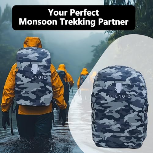 Image of Alienoid Waterproof Bag Rain Cover | Rain, Dust & Scratch Protection | Elastic Fit Luggage Cover | Ideal for Backpack, Trekking, Travel, School, Office (20-30L) (Camouflage Grey)