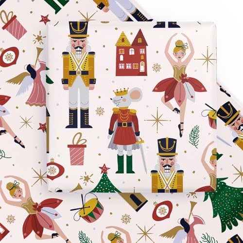 WRAPAHOLIC Nutcracker Christmas Wrapping Paper Sheet - 6 Sheets White Nutcracker Design Folded Flat for Holiday, Party Celebration - 19.7 Inch x 27.5 Inch Per Sheet