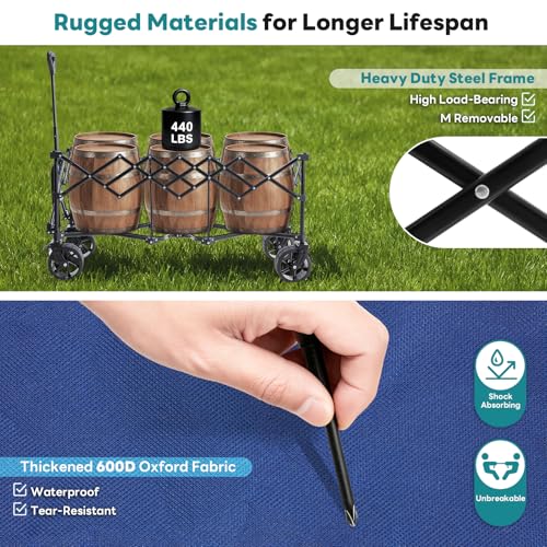 Image of DUMOS 49''L Collapsible Extended Wagon with 440LBS Capacity, Heavy Duty Wagons Garden Cart with All-Terrain Big Wheels & Drink Holders, 250L Foldable Carts for Sports, Shopping, Camping, Blue