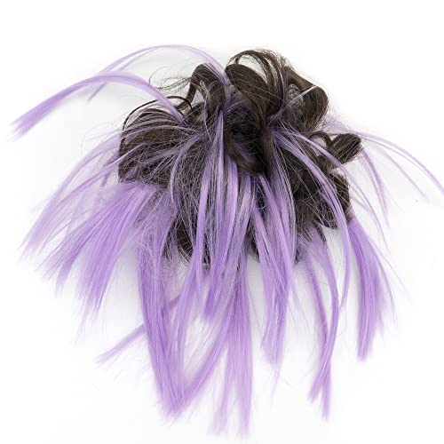 IMISSU 2PCS Messy Hair Bun Piece Updo Fake Scrunchies Extension Wavy Curly Hairpieces Ponytail Chignon Headband for Women Girls (2PCS Brown Light Purple) - Image 4