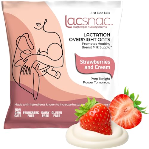 Image of Lacsnac Strawberries and Cream Lactation Overnight Oats (12.24 oz, Pack of 6) - Lactation Supplement for Nursing Moms made with Whole Grain Oats, Flax Seeds, and Brewer’s Yeast, Promotes Lactation & Healthy Breast Milk Supply, GMO-free, Vegan, Gluten-free