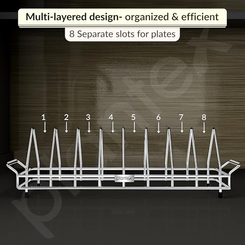 Image of Plantex Plate Stand for Kitchen Cabinet /Dish Organizer with Minor Surface Marks from Transit, Fully Quality Checked /8 Slote Plate Rack Holder - Size - 4 inch (Slot - 8, Pack of 1)