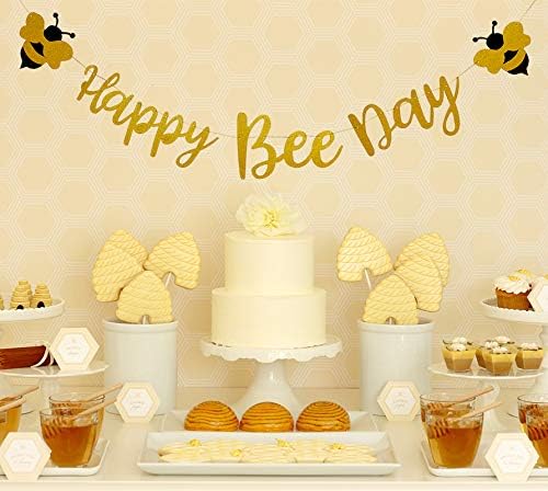 Happy Bee Day Banner and Gold Glitter Happy Bee Day Cake Topper for Bumble Bee Themed Birthday Party Supplies by Topfunyy - Image 5