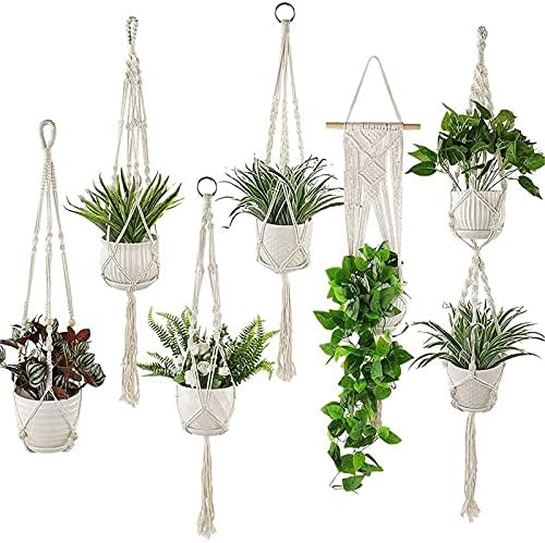Whonline 6 Packs Macrame Plant Hanger, Plant Hangers Indoor Flower Pot Holder Handmade Cotton White Hanging Planter Basket for Plants Wall Window Outdoor Bedroom Boho Home Decor (6 Sizes)