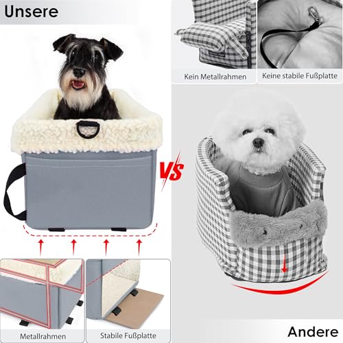 Hunde-Autositz für kleine Hunde und Katzen, Erhöhter Hundesitz für Hunde mit weichem Plüsch, Haustierautositz mit Metallrahmen für Vorder- und Rücksitz bis zu 5.4KG (Grau, Klein)