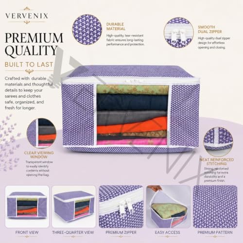 Image of VERVENIX Saree Cover Pack of 12, Large Size, White & Purple Pattern Garment Storage Bags with Zipper & Transparent Window, Dustproof Clothes Cover for Sarees, Suits, Dresses, 46.3 x 36 x 22.5 CM