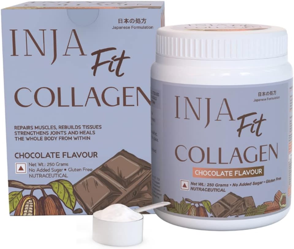 - INJA Fit Hydrolyzed Marine Collagen Supplement Powder for Women & Men, Japanese formulation Collagen with Vitamin C, Healthy Joints, Muscles, Skin, Hair, Sugar-Free, Gluten-Free, Chocolate Flavor, 250 gm