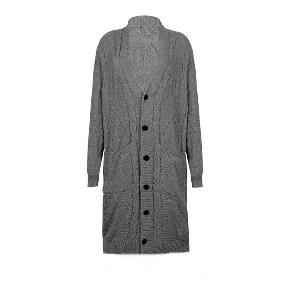 Cardigan Femme, Cardigan Femme Vintage Gris Foncé Col V Losange Torsadé Poche Jacquard Mi-Long Manteau En Tricot Doux Printemps Automne Chaud Veste En Tricot Manches Longues Bouton Ouvert Pull Sor