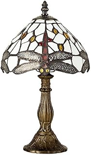 MiniSun Tiffany Style Antique Brass Effect Base Design Table Lamp with a Jewelled Dragonfly Design Stained Glass Shade