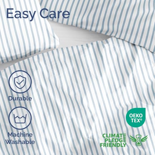 Image of Duvet Cover Queen Size - Stripe Duvet Cover Set - 3 Piece - Sky Stripe | Soft Stripe Duvet Cover 90 x 90 with 2 Pillow Shams, Comfy Stripe Bedding Set, Hotel Luxury with Zipper Closures & Ties