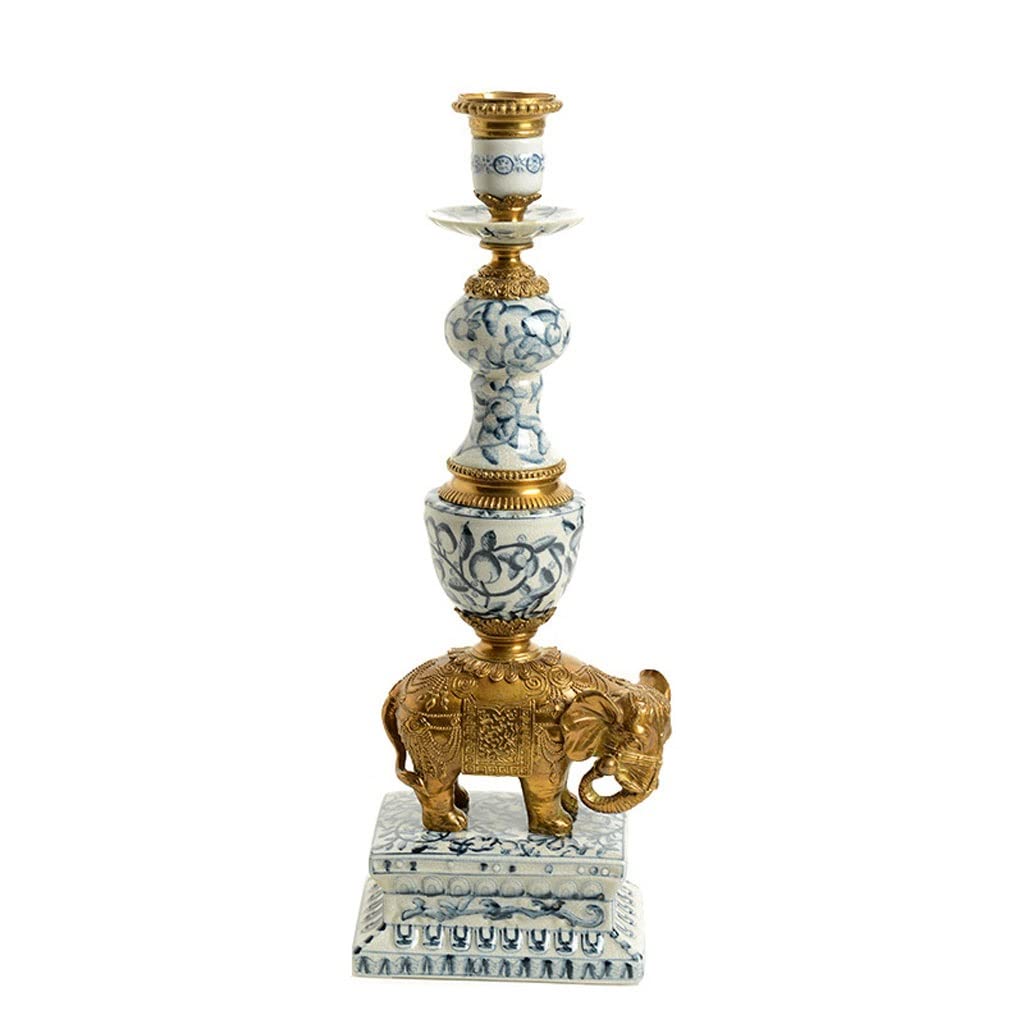 Candle Holder Nordic Retro Blue and White Candlestick Living Room Single Head Ceramic Inlaid with Pure Copper Desktop Handicraft Interior Decoration Centerpiece Table Decorations