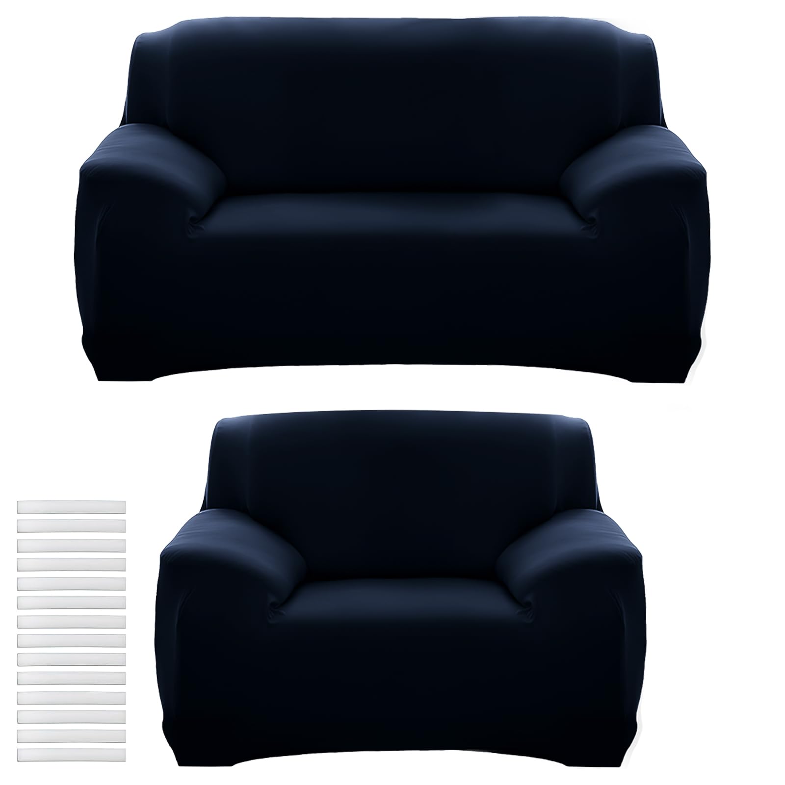 YFNVH 2-Piece Navy Blue Sofa Covers Set, 1-Seater Armchair & 2-Seater Settee Slipcovers, High Stretch Furniture Protector with Anti-Slip Foam & Elastic Bottom, Washable for Pets & Kids