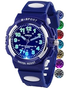 Juboos Neue 7-Farbige Kinderuhren, Kinderuhr Jungen Mädchen Analog Quartz Uhr mit Armbanduhr Kautschuk Wasserdicht Outdoor Sports Uhren 5-16 (Dunkel Blau)