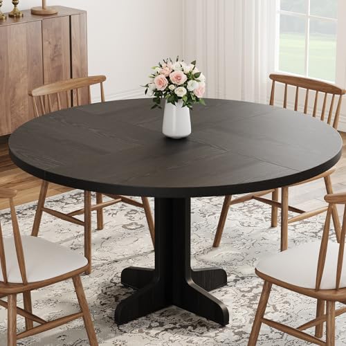 IDEALHOUSE Round Dining Table for 4, 47 Inches Dining Room Table with Wooden Base, Circle Kitchen Dinner Table for Dining Room, Kitchen, Living Room (Table Only), Black