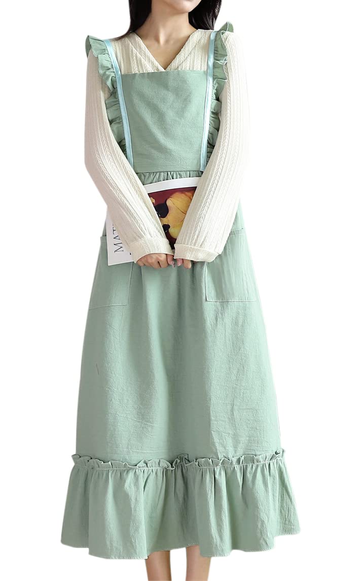 Girls Women Pleated Cotton X Back Long Aprons Home Kitchen Garden Art Pinafore Florist Shop Overalls