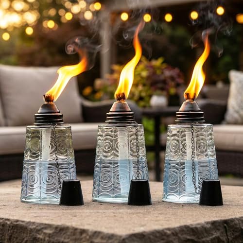 Seraphic Table Top Citronella Burner Torches for Outdoor Patio 16oz Decorative Glass Tiki Torch Citronella Lamp Candles for Outside Deck Garden Parties Set of 3 Clear