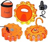 Towallmark 3 Stück Warnleuchte, Rundumleuchte LED mit 9 Blinkmodi, Kommt mit USB-Autoladegerät und 3-in-1-Ladekabel (Kann 3 Rundumleuchte LED Gleichzeitig Laden)