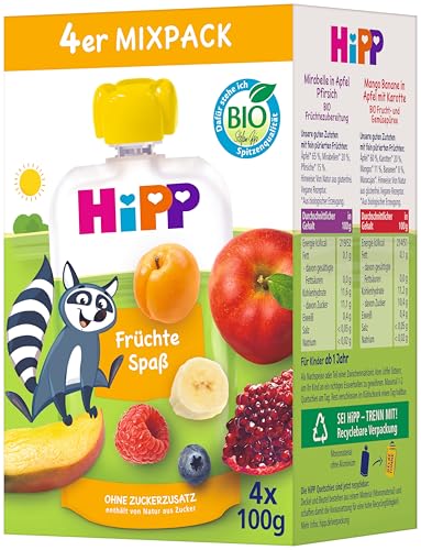 HiPP Bio Quetschie Mixpack Früchtespaß, 16 Stück (4er Pack mit je 4 x 100g), ab 1 Jahr, 100% Fruchtpüree, ohne Zuckerzusatz, in bester Bio-Qualität