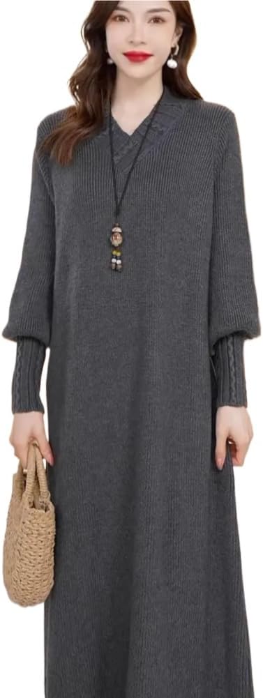 LIXINGHEITANG Wool Loose mid-Length Sweater Dress for Women Autumn and Winter V-Neck Slimming Thickened Knitted