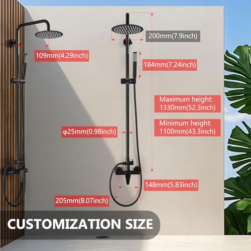 Outdoor Shower Kit,Outdoor Shower Fixtures Faucet System Single Handle Brass Valve,8 Inch Rainfall Shower Head and Handheld Spray Dual Function Wall Mount SUS304 Matte Black - Image 4