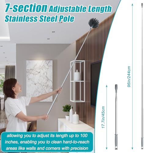 Image of Cobweb Duster with Extension Pole, Spider Web Brush with 96 Inches Extension Pole and 4 Pcs Dusting Tools 1 Fiber Duster, 1 Chenille, 1 Spider Web and 1 Blinds Brush
