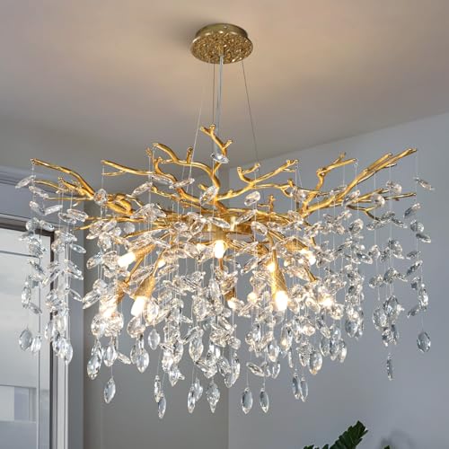 YUYI Modern Crystal Chandelier, 30' Gold Tree Branch Chandelier, 10-Light Round Chandeliers for...