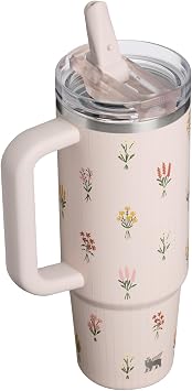 STANLEY Quencher ProTour Flipstraw Tumbler, 30 oz, Rose Quartz Bouquets | Built-In Straw & Handle | Cupholder Compatible for Travel | Leakproof Insulated Stainless Steel Cup | BPA-Free