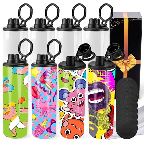 Joyclub 8 Pack Sublimation Water Bottle Blanks 20 oz Sublimation tumbler with Handle Skinny Straight Stainless Steel Bulk for Sports