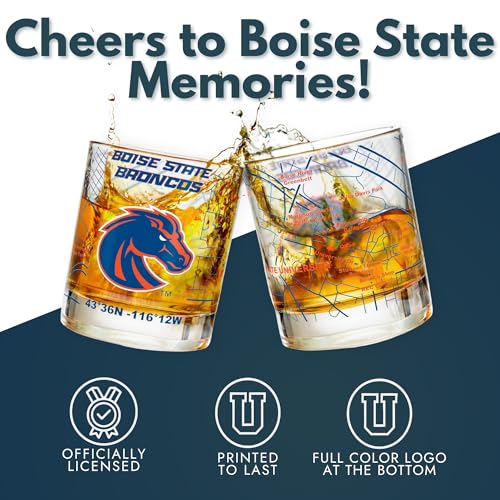 Image of Greenline Goods - Boise State University Broncos College Whiskey Glasses (Set of 2), 10 oz - Full-Color Logo + Campus Map