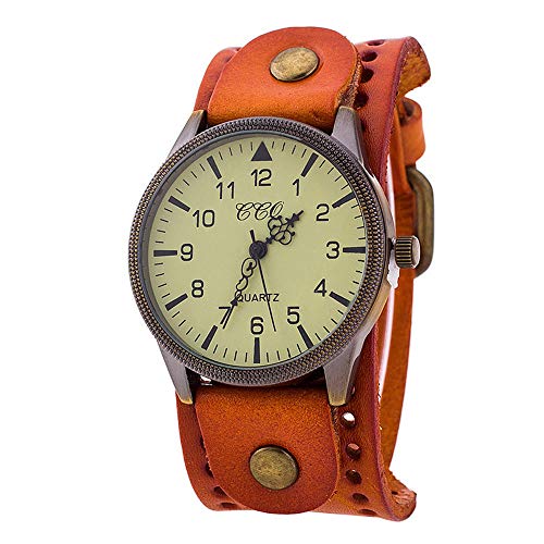 Wristwatch Vintage Leather Brand Quartz Women Men Watch Men's Watch Womens Two Tone Watches (Orange, One Size)