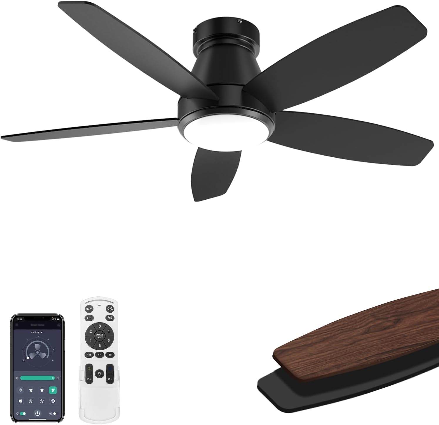 106CM Ventilatore da Soffitto con Luce e Telecomando Silenzioso, 106cm Dimmerabile Lampada Ventilatore da Soffitto con 5 Pale Doppie, Effetto Legno/Nero per Camera da Letto, Soggiorno