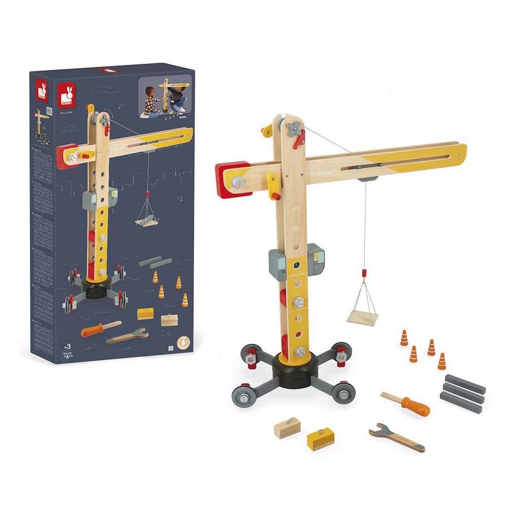 Janod - Grúa Grande de Madera 74 cm - Juguete de Imitación - Juego de Construcción - Rotación 360° y Móvil - 12 Accesorios - Certificado FSC - A Partir de 3 Años, J06468