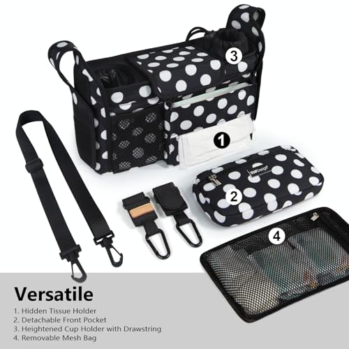 Image of TOPDesign Universal Baby Stroller Organizer, Stroller Caddy with Detachable Mesh Bag & Heightened Insulated Cup Holders & Non-Slip Secure Hooks Accessories, Fits Most Strollers (Polka Dots)