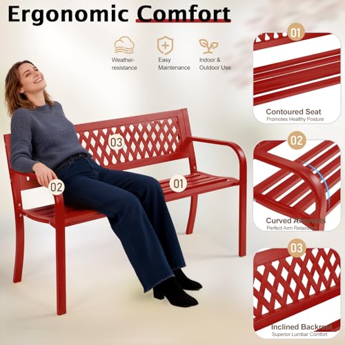 Image of VINGLI 47'' Outdoor Bench, Weather Resistant Garden Patio Bench Powder Coated Iron Frame w /PVC Mesh Backrest Slatted Seat, 2-Person Outdoor Furniture for Front Porch Entryway Park (Red)