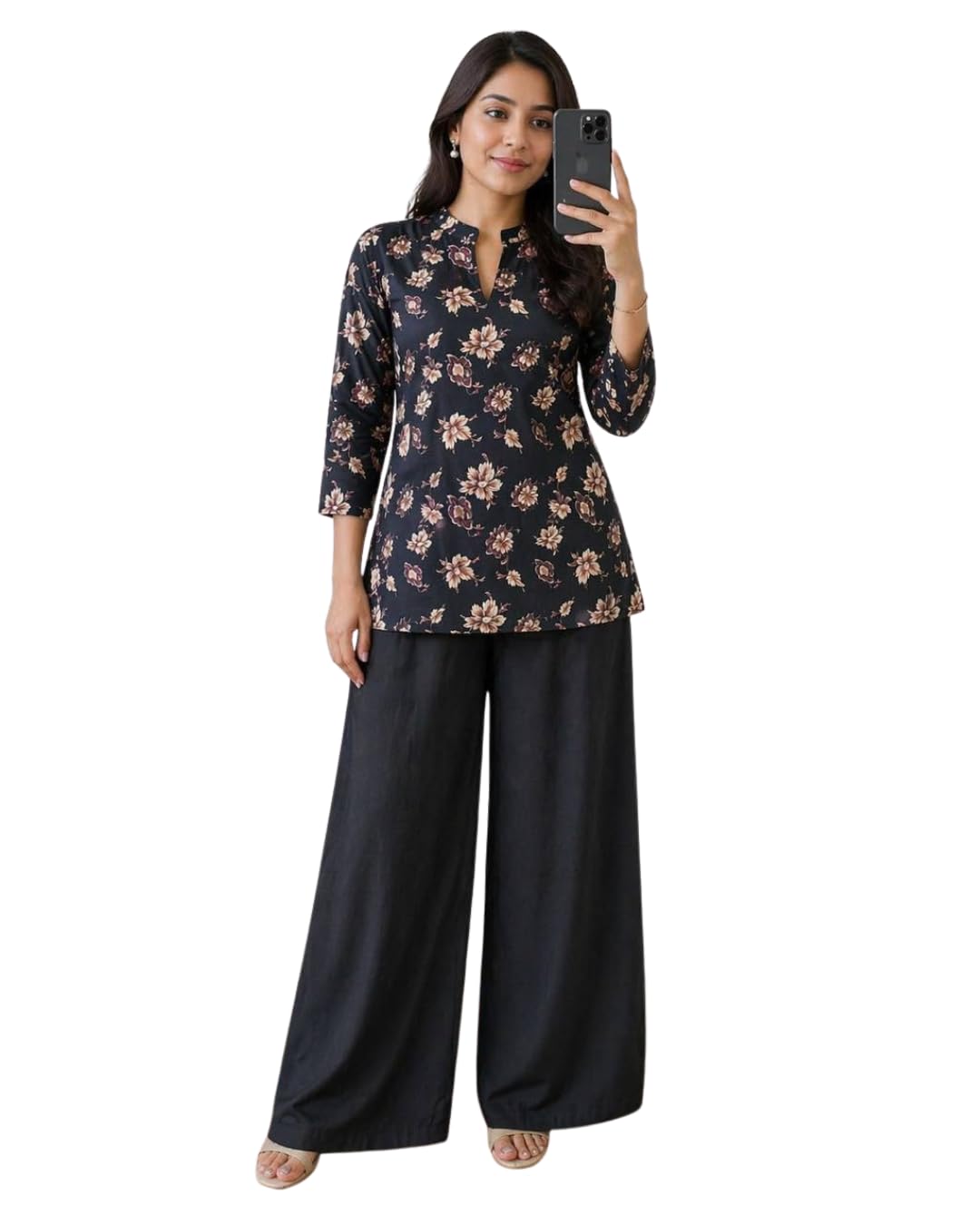 Women’s Rayon Slub Printed top with pants Set Digital Print Top with Matching Rayon Plazo Pants Stylish Wear for Office, Casual & Daily Use (IN, Alpha, L, Sonpari-1 Black golden flower)-picture-34